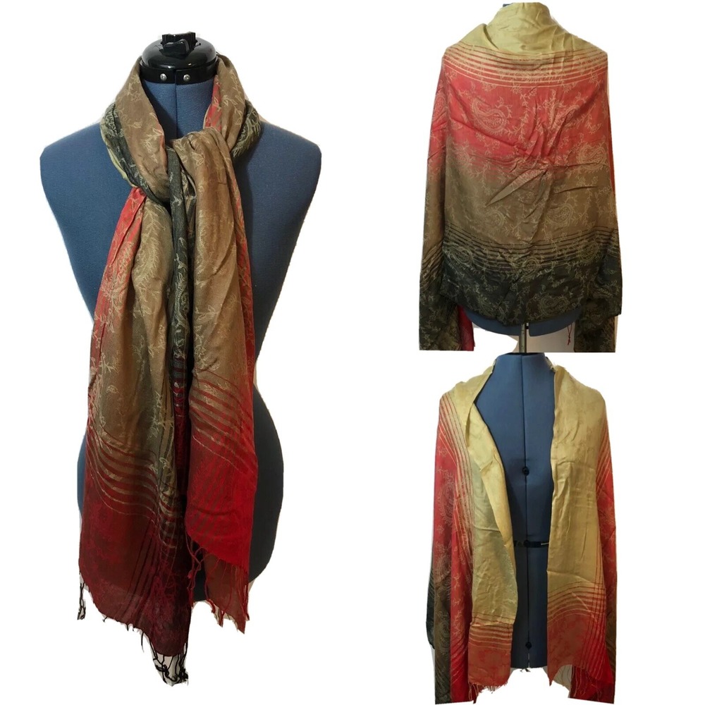 Chinar Red Beige Gold Paisley Striped Silk Blend Fringed Pashmina Scarf Wrap